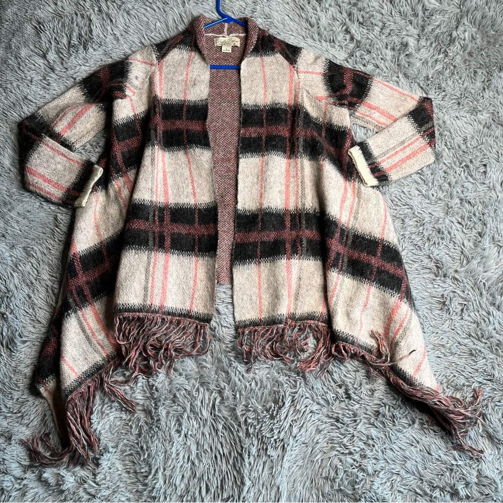 Lucky Brand Cardigan Shawl Womens Small Wool Mohair Blend Fringe Plaid Soft